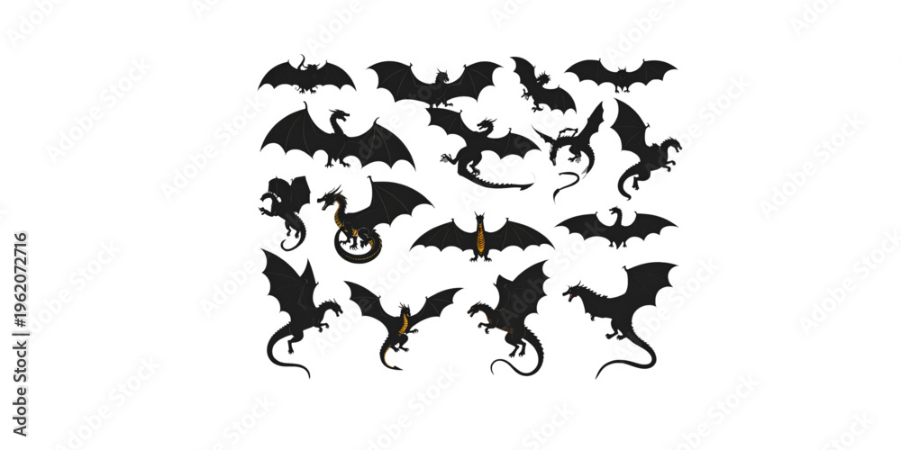 Fototapeta premium A collection of black dragon silhouettes on transparent background