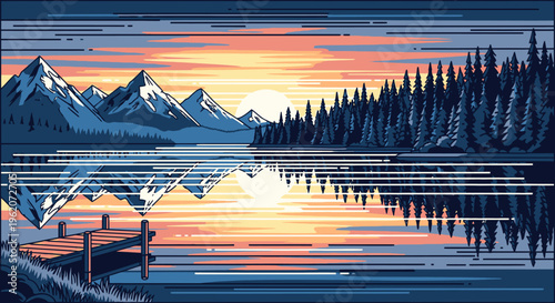 Serene mountain lake at sunset calm.