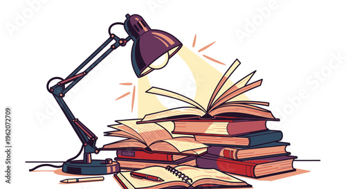 Stack of books with desk lamp.