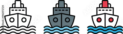 Cargo Ship and Cruise Vessel Vector Set Featuring Linear Solid and Colorful Flat Design Styles for Maritime Logistics. (19 words)