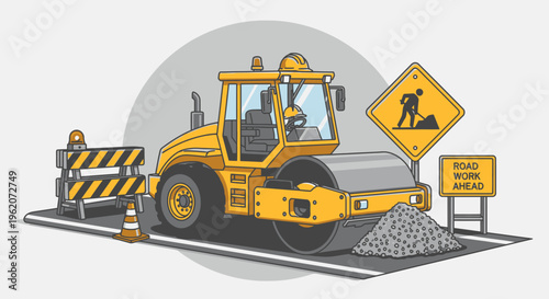 Yellow road roller construction machine.