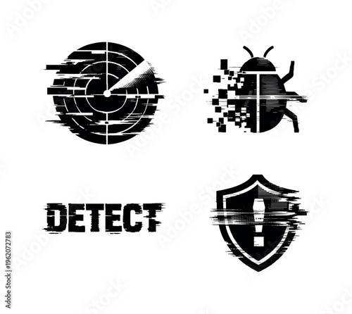 Theme: cybersecurity intrusion detection and response  a set of 4 glitch-distorted monochrome objects arranged on a perfectly clean white background, each