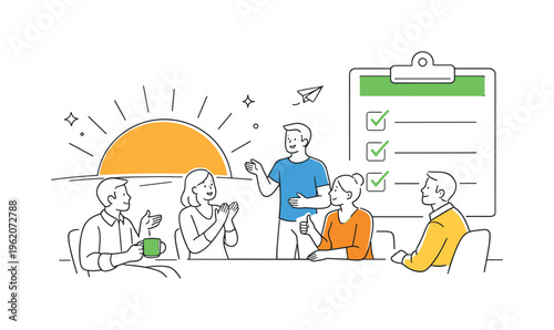 Team aligning morning energy and preparing for a productive work cycle together during a calm daily kickoff ritual in a bright office environment, visual