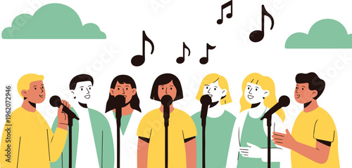 Group Of People Singing Together In A Choir With Microphones And Music Notes For Community Performance And Concert Events. (20 words)