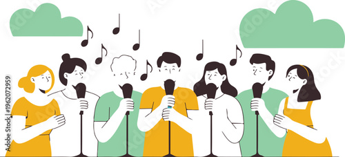 Group Of People Singing Together In A Choir With Microphones And Music Notes For Community Performance And Concert Events. (20 words)