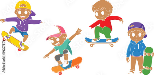 Young Boys On Skateboards Vector Illustration Set Featuring Active Children Skating And Holding Boards In Casual Urban Outfits. (19 words)