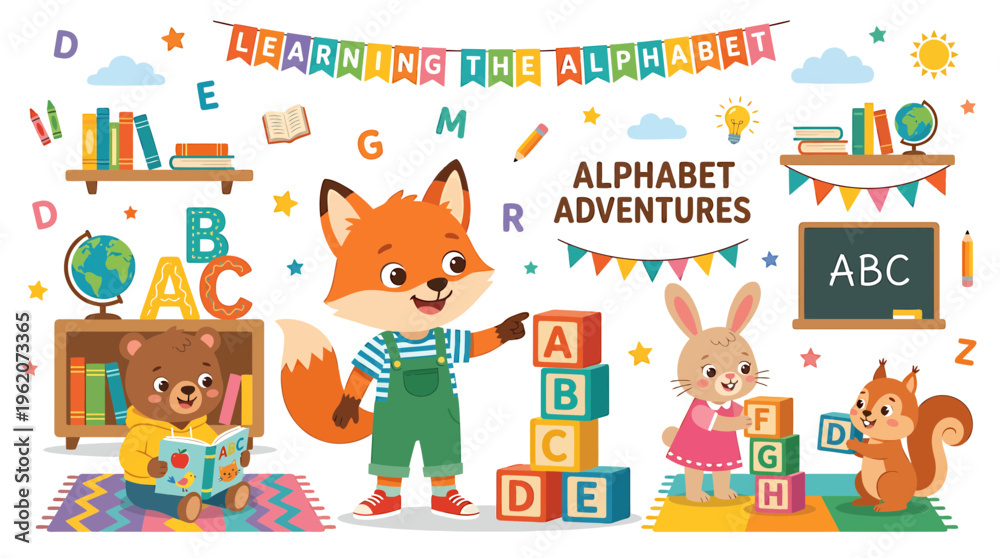 Fototapeta premium Cute Animals Learning Alphabet ABC Adventures with Fox, Bear, Rabbit, Squirrel