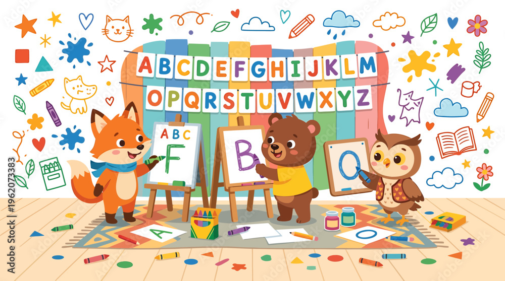 Fototapeta premium Cute Animals Learning Alphabet ABC in Colorful Classroom Art Lesson