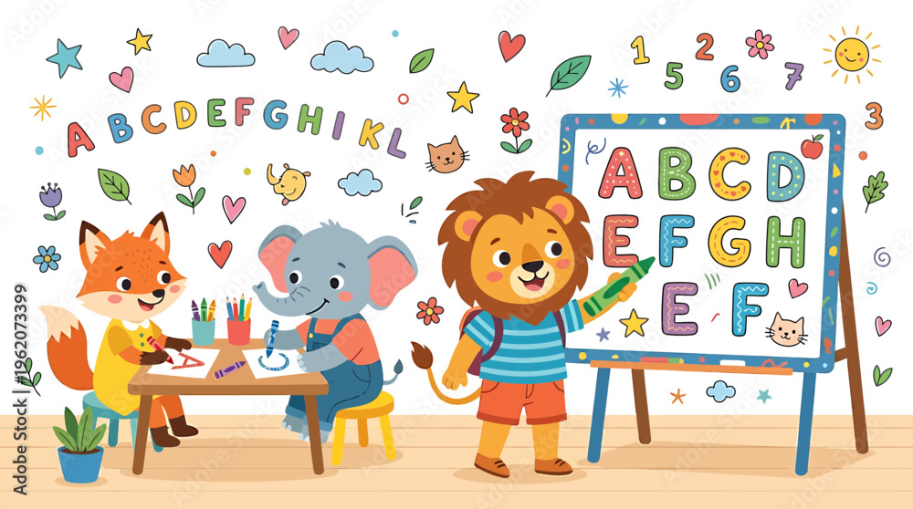 Fototapeta premium Cute Animals Learning Alphabet at School: Fox, Elephant, Lion