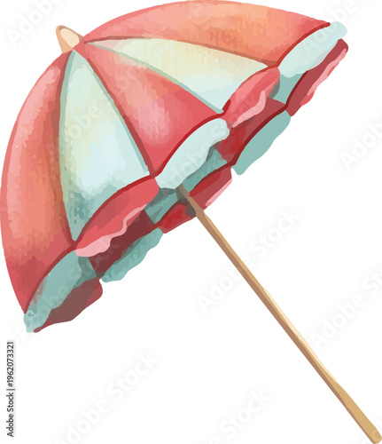 Watercolor style vector illustration of red and white beach parasol isolated on white background