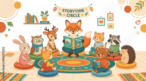 Cute Animals in Storytime Circle: Fox Reading to Friends