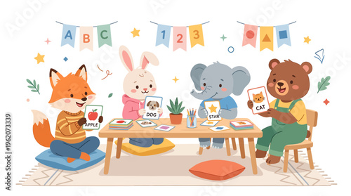 Cute Animals Learning ABC and 123 with Flashcards at a Table