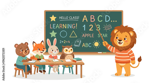 Cute Animals Learning Alphabet and Numbers in Classroom with Lion Teacher