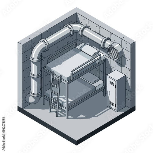 Isometric Prison Cell Illustration - Bunk Bed, Locker, and Ventilation.