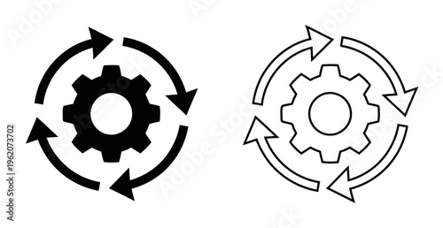 Gear and circular arrows icon set representing automation | continuous process and workflow optimization symbols | black flat vector icons