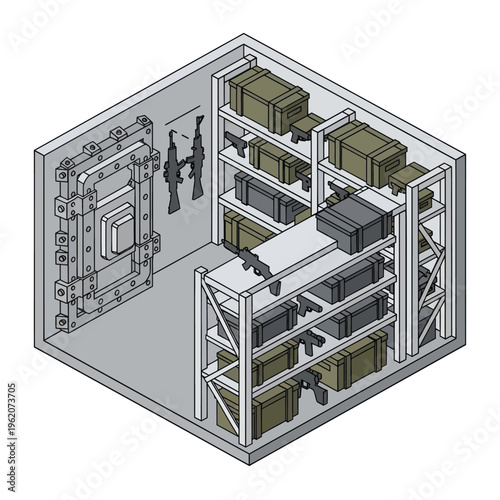 Isometric View of a Secure Armory with Weapons and Ammunition Storage.