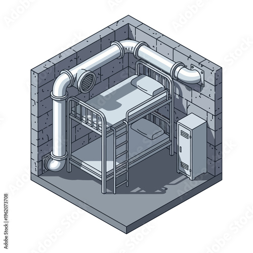 Isometric Room with Bunk Bed and Pipes - A Confined Living Space.
