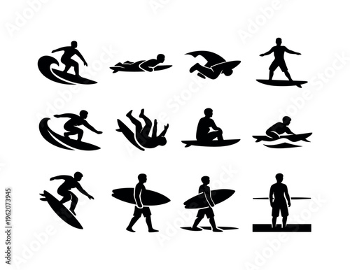 Surfing actions: riding wave, paddling on board, duck dive, standing balance, carving turn, wipeout fall, sitting on board, catching wave, jumping off board, carrying board