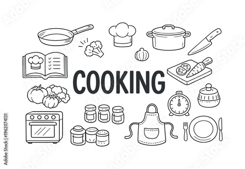 Healthy meal preparation and home cooking concept centered on preparing nutritious food, organizing ingredients, and enjoying balanced homemade dishes. COOKING title with