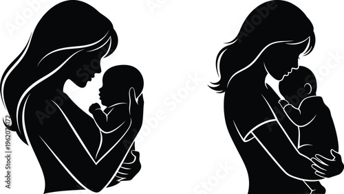 Mother Holding Baby Silhouette Set Love Care Parenting Motherhood Minimalist Vector Illustration