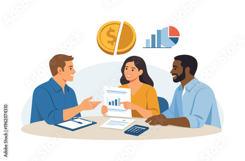 A collaborative budget planning and cost sharing agreement scene showing colleagues aligning financial decisions beside a simple split coin symbol and a minimal chart element