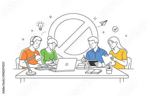 A focus and deep work productivity scene showing individuals minimizing distractions and concentrating on important tasks together around a large do not disturb symbol and a simple