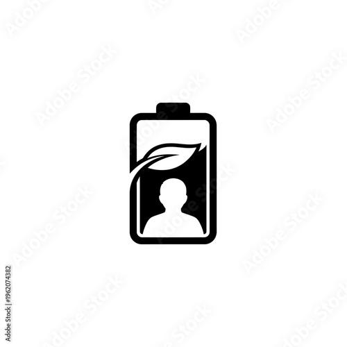 Eco-friendly battery icon with human silhouette and green leaf, symbolizing sustainable energy and human well-being.
