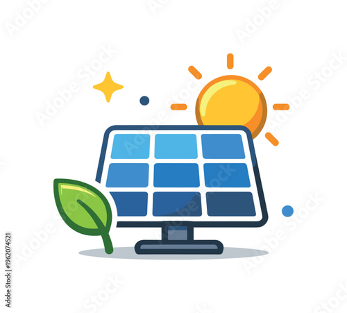 Green energy adoption and renewable power usage focused on transitioning to sustainable energy sources in homes and businesses, a solar panel combined with a sun and a small leaf
