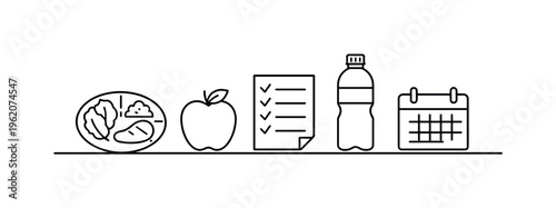 Balanced meal planning and daily nutrition organization for maintaining healthy eating habits and supporting overall wellbeing, plate, apple, checklist sheet, water bottle, and