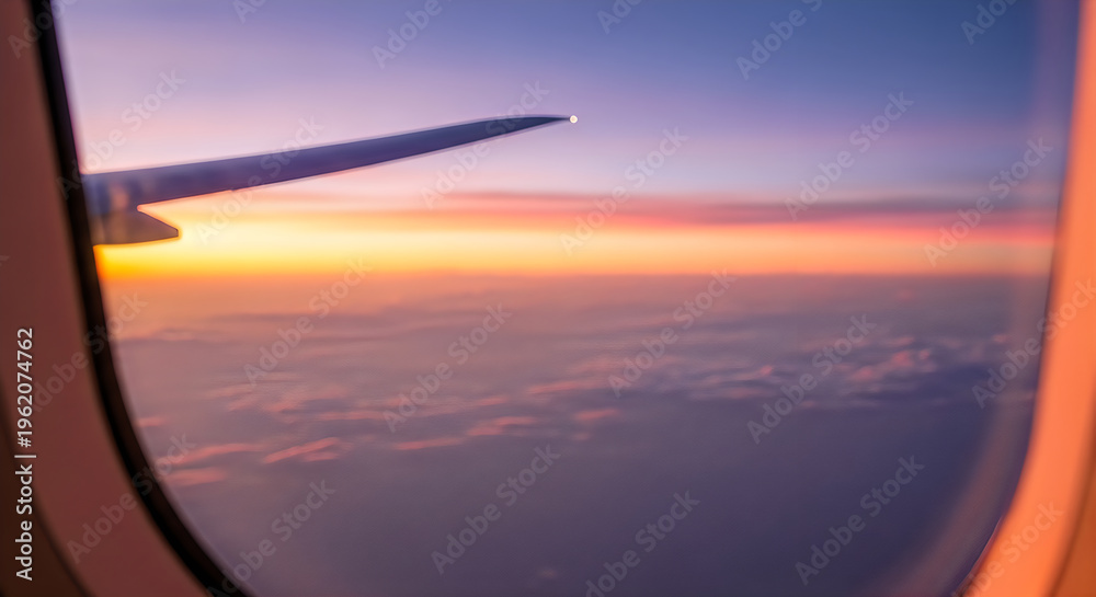 Obraz premium Airplane wing seen through window during sunset with clouds and sky