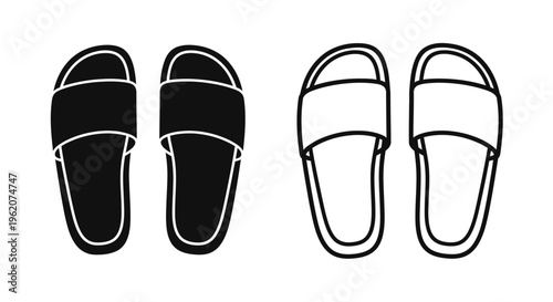 A pair of black and white slide sandals displayed in a simple illustration