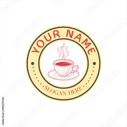 A circular logo design featuring a steaming teacup with customizable text elements