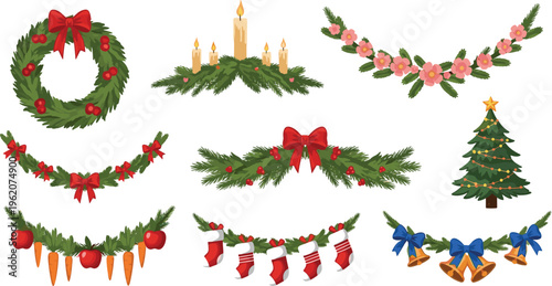 Set of festive Christmas holiday decorations with evergreen wreaths pine trees candles red stockings bells and floral garlands isolated on white background for seasonal design