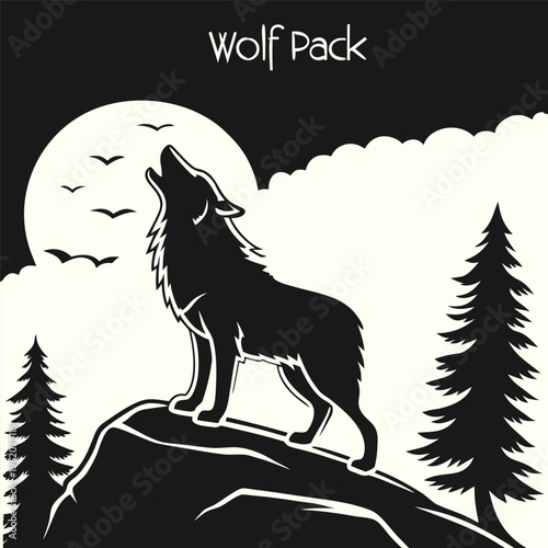A howling wolf stands prominently against a moonlit backdrop with silhouetted trees