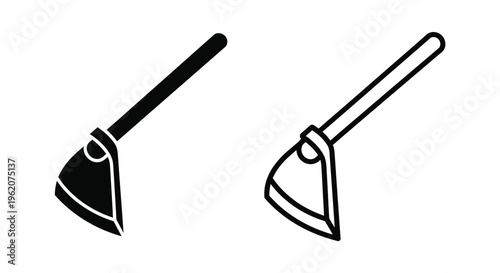 Two black and white illustrations of traditional hoes for gardening