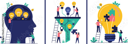 Creative Business Innovation Concept with Tiny People Building Ideas in Human Head Funnel and Lightbulb Using Puzzles for Strategy Teamwork and Brainstorming Vector Illustration