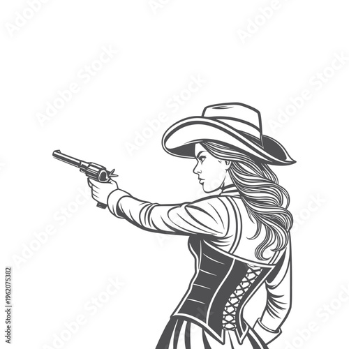 Vintage style illustration of a woman with a handgun and cowboy hat aiming
