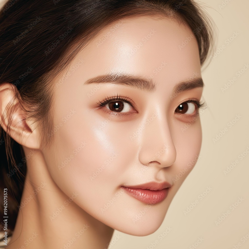 Fototapeta premium A close-up portrait of a woman with radiant skin, showcasing elegance and beauty against a neutral background.