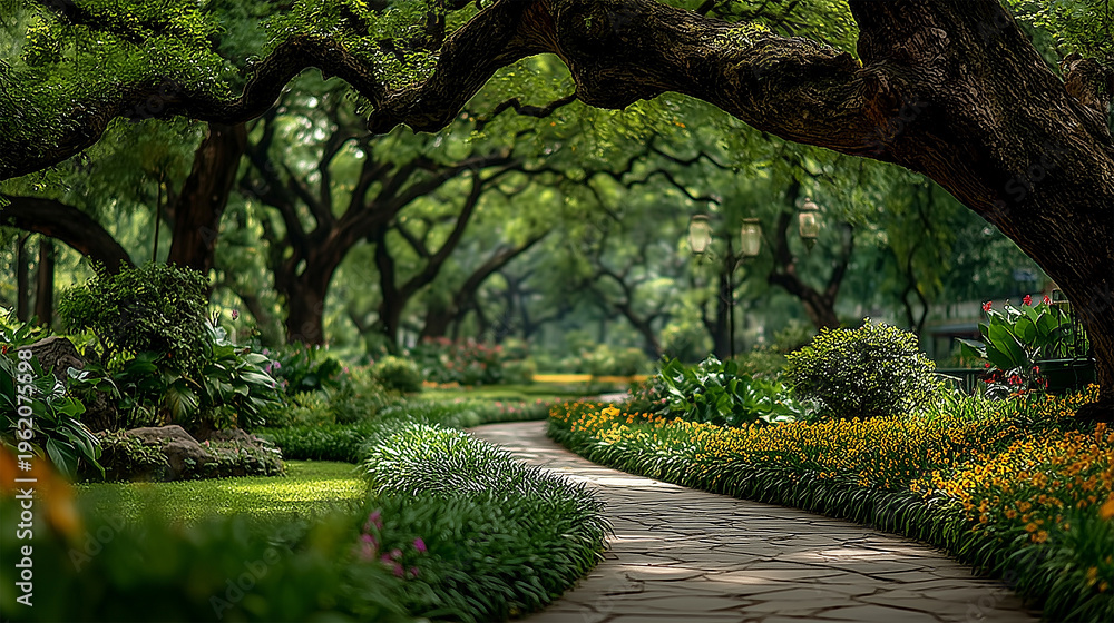 Naklejka premium Scenic view of a park with a pathway and trees - ai generative