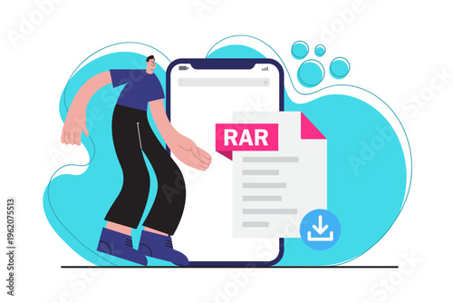 Flat style illustration representing a RAR compressed archive file download displayed on a mobile device.