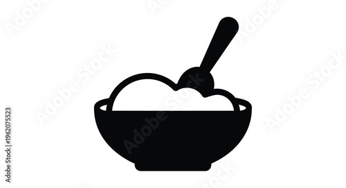 Simple black silhouette of a bowl with a rounded spoon inside