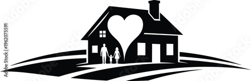 Happy Family Home House Silhouette with Heart Parents and Child Vector Illustration