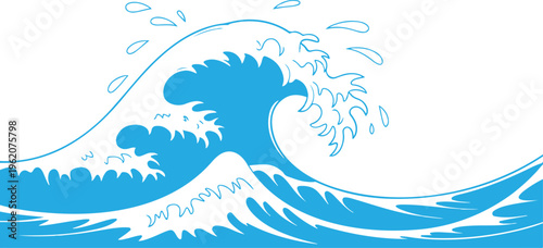 Blue Ocean Wave Vector Illustration Featuring Large Crushing Sea Waves With Splashes For Surf Summer And Marine Background. (19 words)