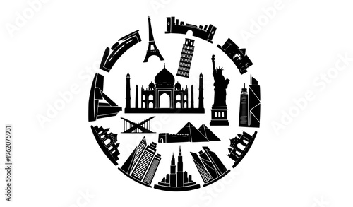 Monumental landmarks of the world circular composition black silhouette vector illustration