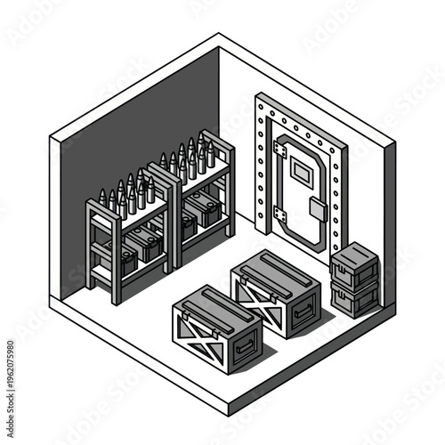 Isometric Armory Room Illustration with Shelves, Crates, and Vault Door.