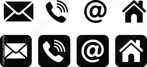 Contact information vector icon set including email phone at symbol and home address icons for business communication and customer support.