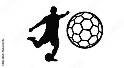 Silhouette of a soccer player kicking a ball against a white background
