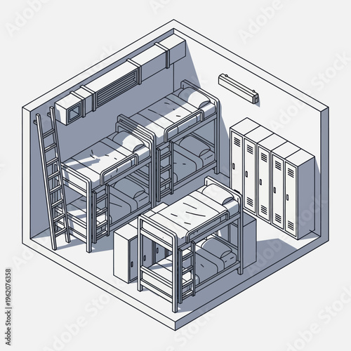 Isometric Dormitory Room with Bunk Beds and Lockers Illustration.