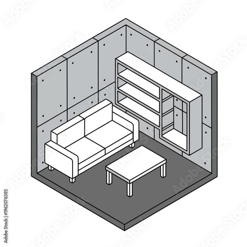 Isometric Room Interior with Sofa, Table, and Bookshelf Illustration.