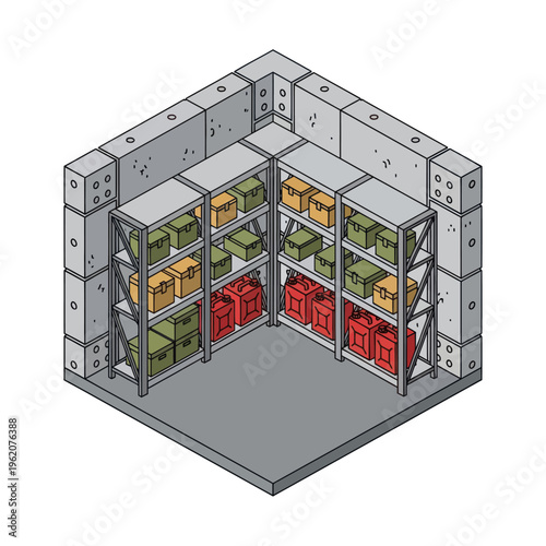 Isometric Storage Room with Shelves and Boxes Illustration.
